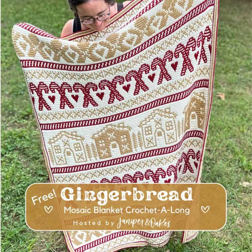 brunette woman holding up an overlay mosaic crochet blanket with gingerbread men and candy canes on it - advertising a free crochet pattern crochetalong