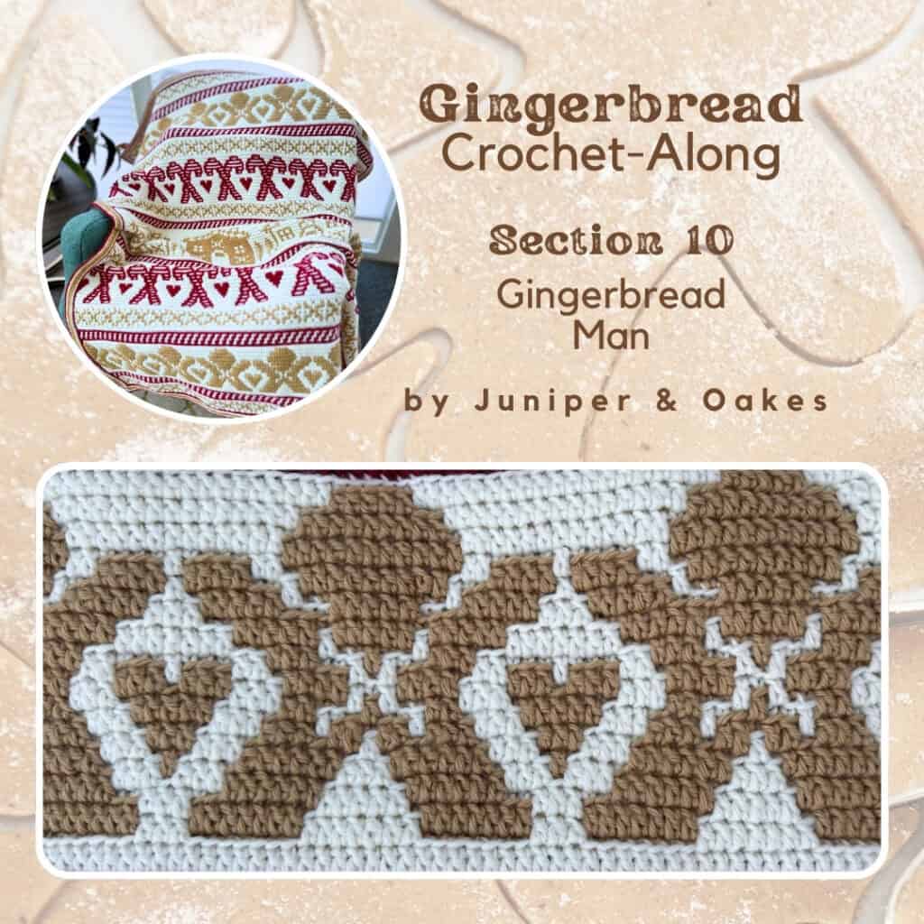 Close-up of gingerbread-themed crochet blanket with heart and gingerbread man motifs.
