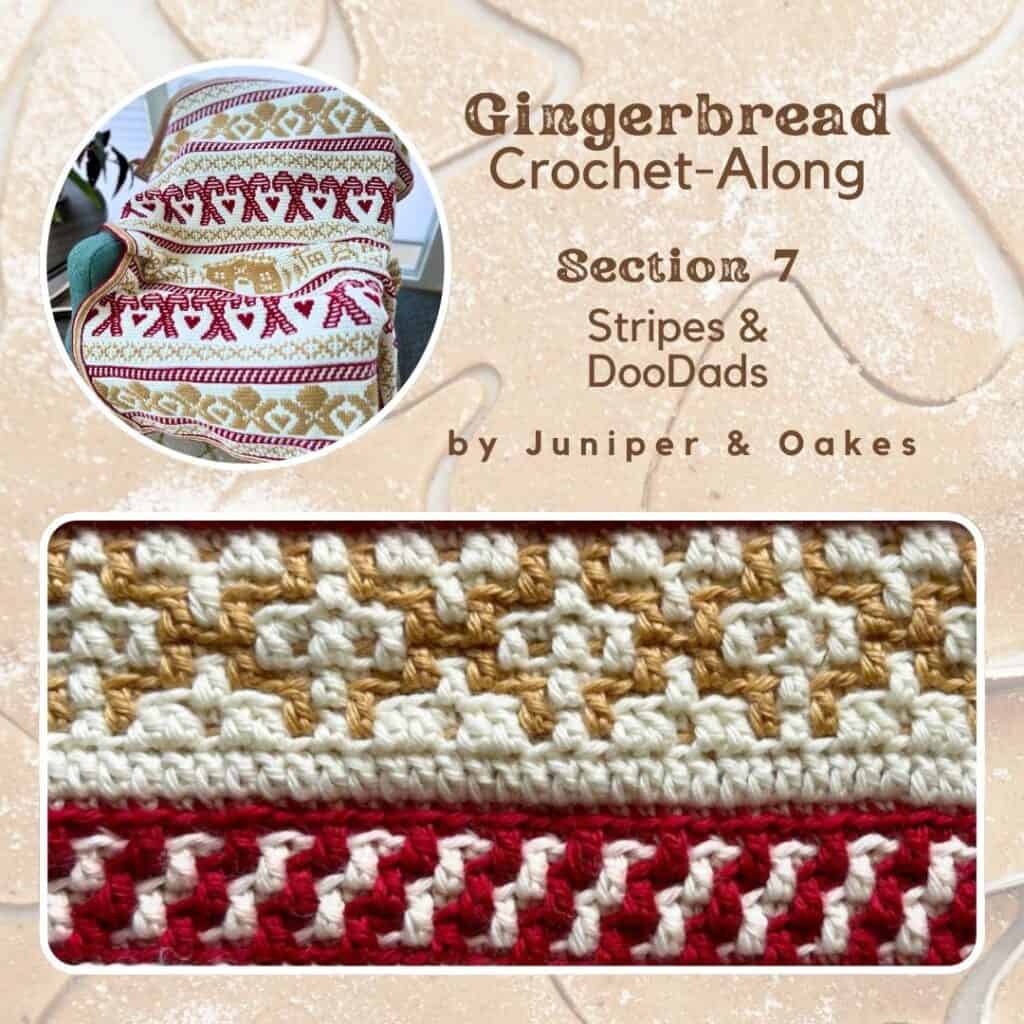 Close-up of gingerbread-themed crochet blanket with stripes and Doodads.