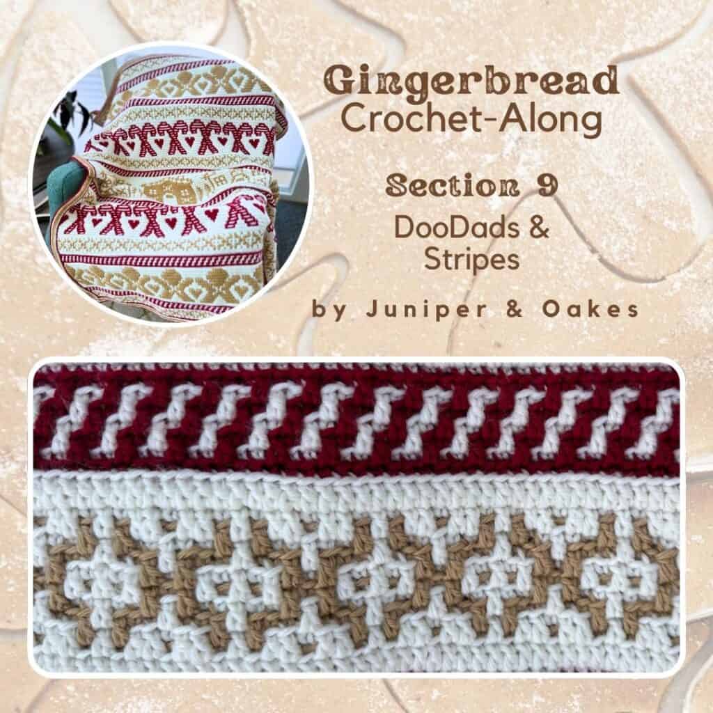 Close-up of gingerbread mosaic crochet blanket with red, white, and tan yarns.