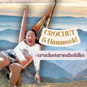 Relaxing woman in hammock with crochet, mountain landscape background.