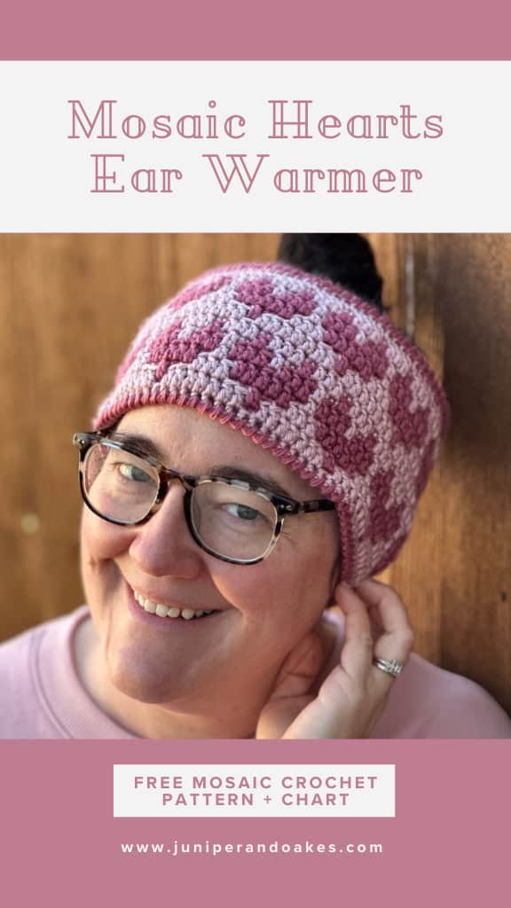 Mosaic Hearts Ear Warmer - Pin Image featuring Erin modeling the ear warmer