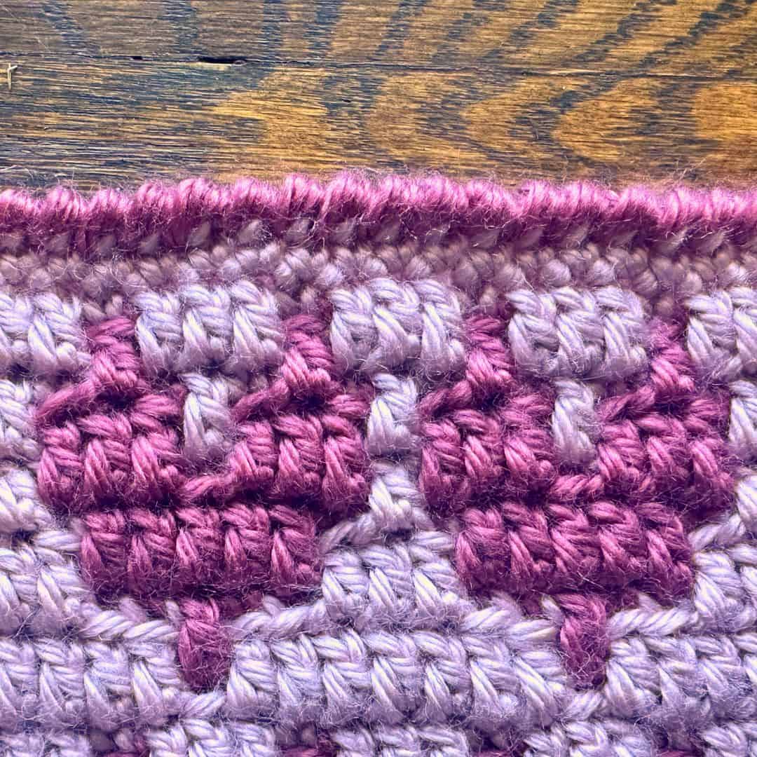 WIP Mosaic Hearts Headband crochet pattern showing crab stitch border
