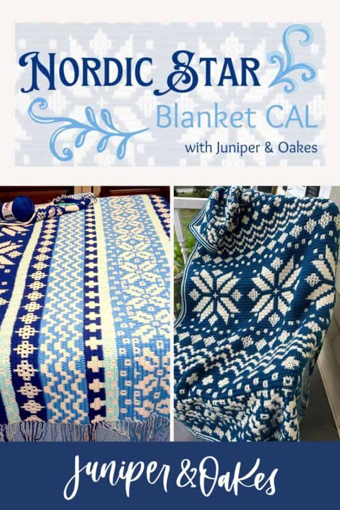 Crochet Nordic Star mosaic blanket by Juniper and Oakes, featuring intricate blue and white patterns.