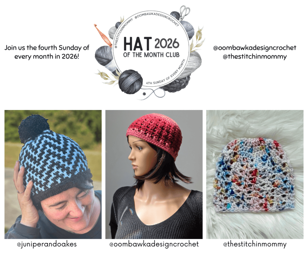 The Mosaic ZigZag Hat is part of the 2026 Hat of the Month Club from Oombawka Design and The Stitchin' Mommy.