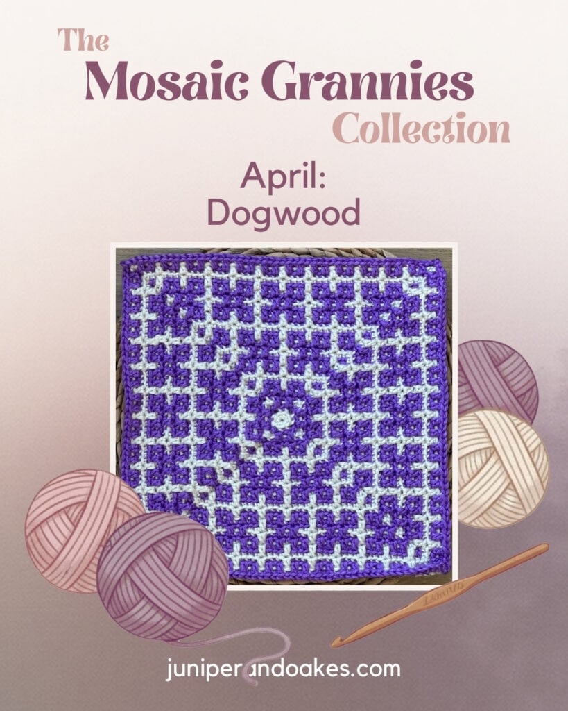 Colorful mosaic granny square blanket with delicate dogwood blossoms