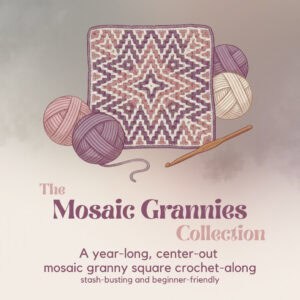 Colorful mosaic granny square crochet blanket with yarn balls and crochet hook.