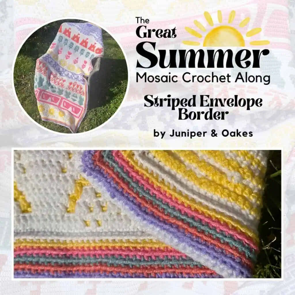 Vibrant mosaic crochet blanket with a striped envelope border.