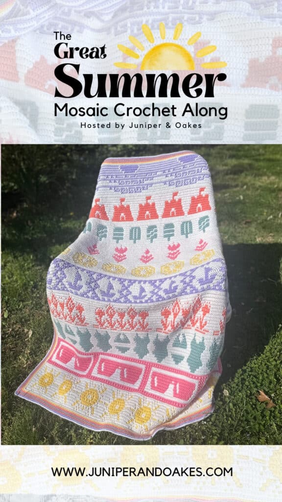 Pin image featuring a colorful mosaic crochet blanket with summer-themed patterns, draped over a chair in the sunshine.