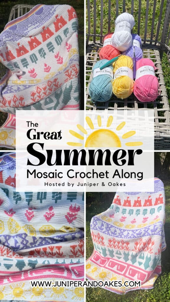 Pin the Great Summer Mosaic Crochet Along to Pinterest. Collage image showing different views of the blanket and suggested yarn.