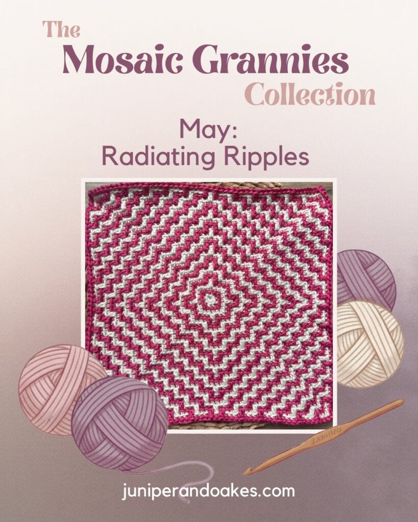 Crochet mosaic ripple square with pink and white yarn, perfect for quilting or home decor projects.