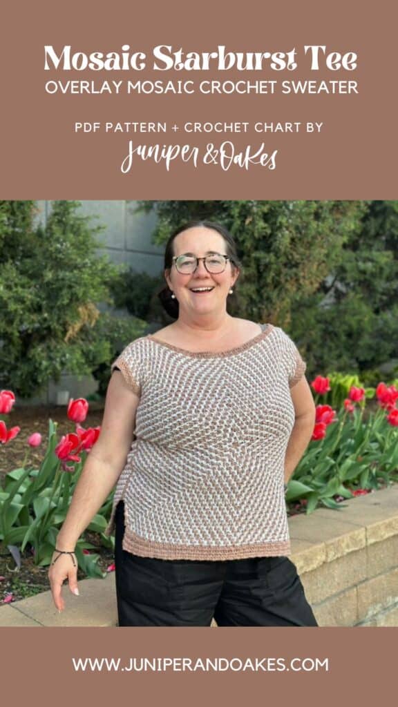 Woman wearing a crochet mosaic starburst tee in a garden setting.