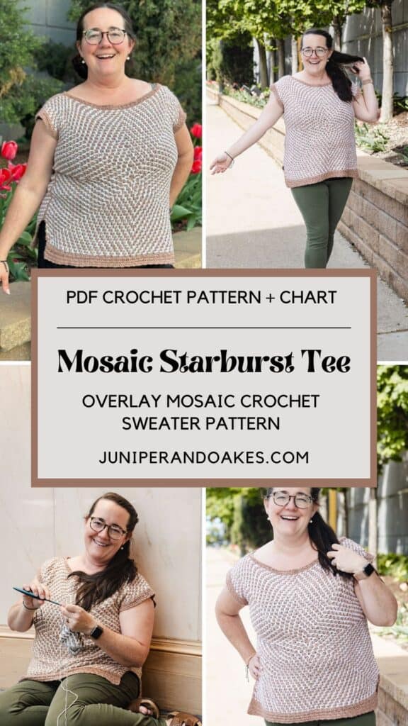 Pin the Mosaic Starburst Tee on Pinterest - collage image shows four views of the sweater