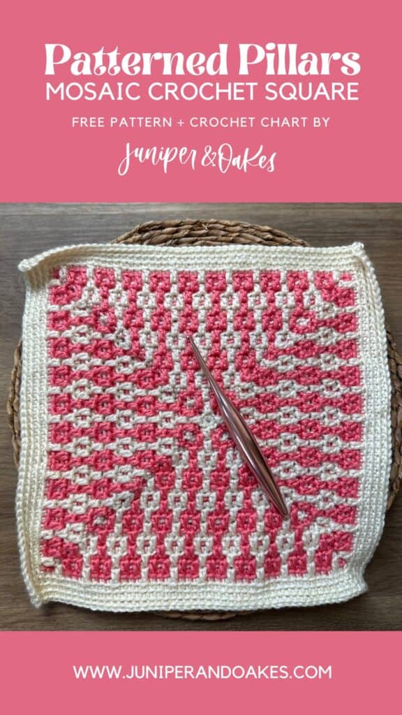 Mosaic crochet square with pink and white patterned pillars design.