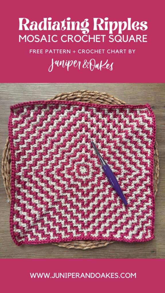 Mosaic crochet square with pink and white ripples pattern.