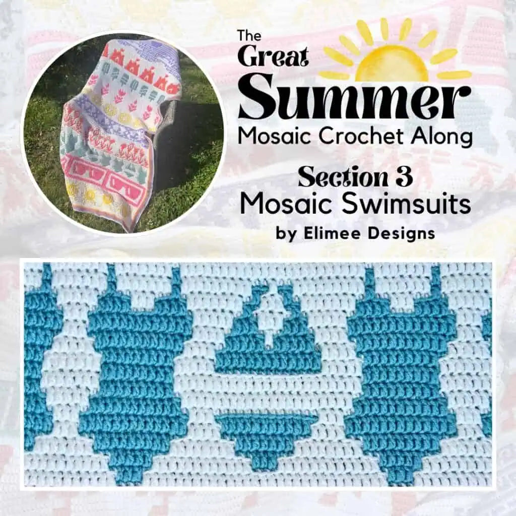 Colorful mosaic crochet blanket with swim suit patterns in vibrant blue and white