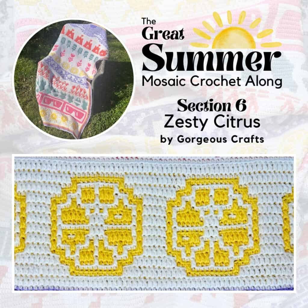 Vibrant crochet blanket featuring a bright yellow lemon slice motif on a white background, perfect for summer.
