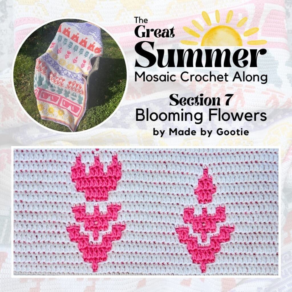 Bright pink blooming flower motifs on white background, perfect for summer crochet projects.