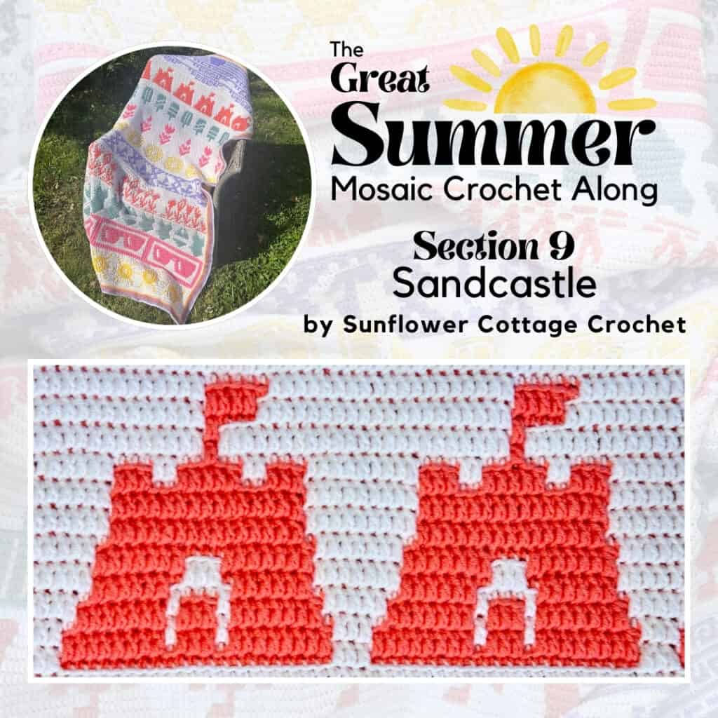 Colorful mosaic crochet blanket strip with bright red-orange and white sandcastle design. Perfect for summer projects.