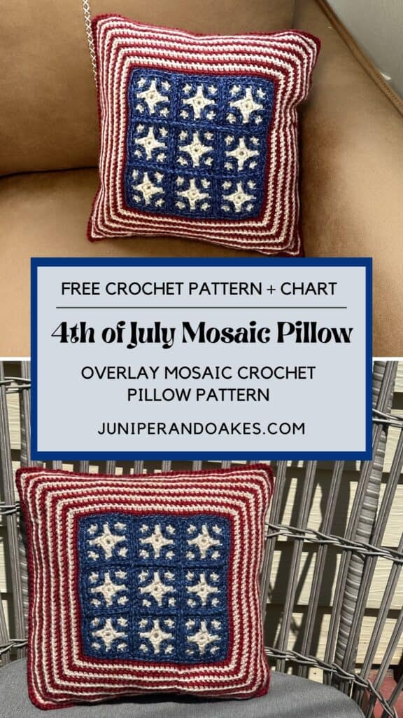 Decorative crochet pillow with red, white, and blue mosaic pattern for July 4th. - Pin it on Pinterest