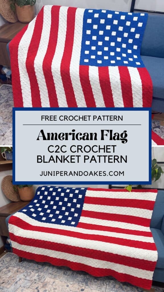 American flag crochet blanket with red, white, and blue colors and star pattern.