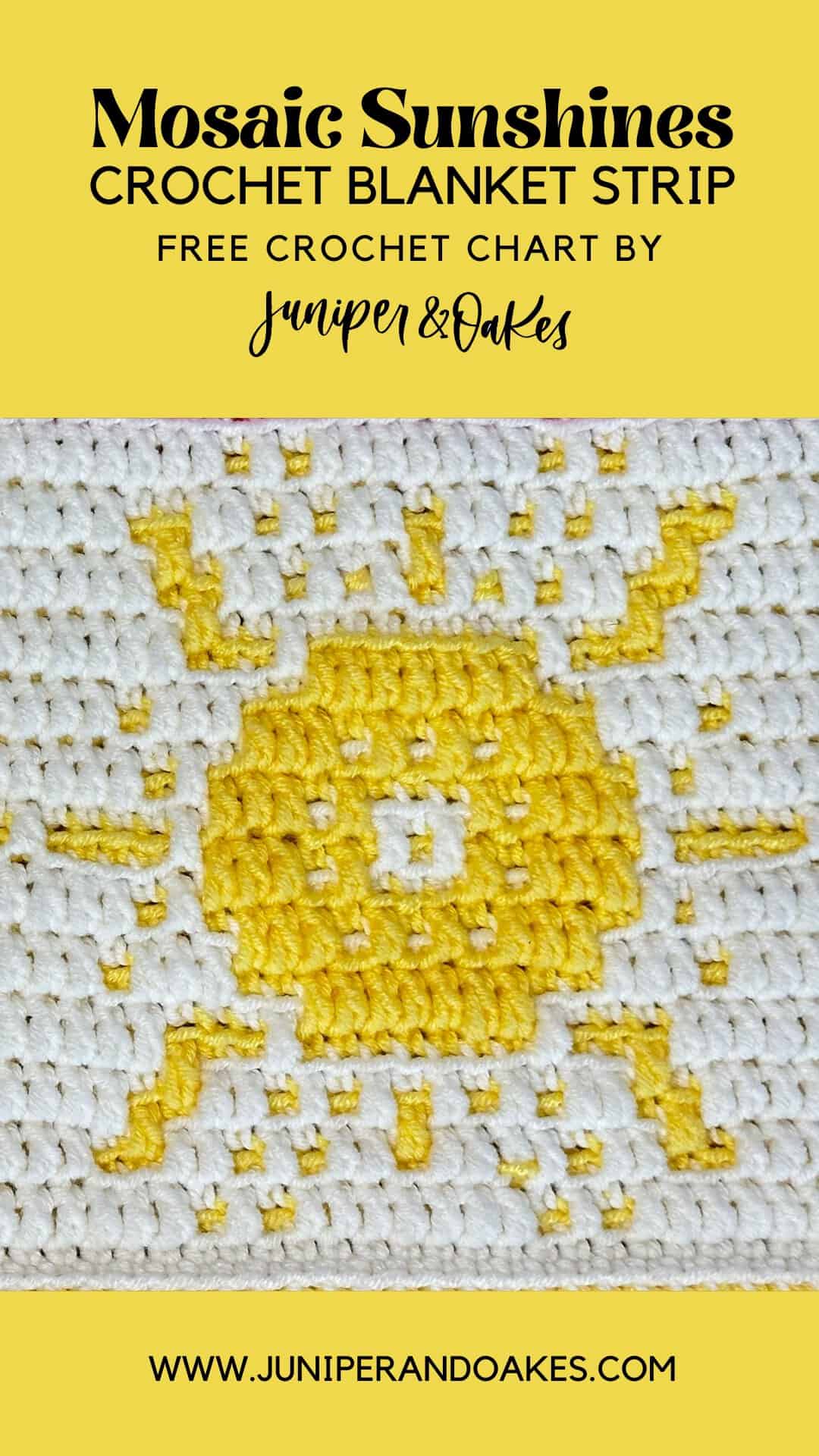 Pin the mosaic crochet sunshine blanket strip on Pinterest for later! Pin image shows a closeup a sunshine motif in yellow and white.