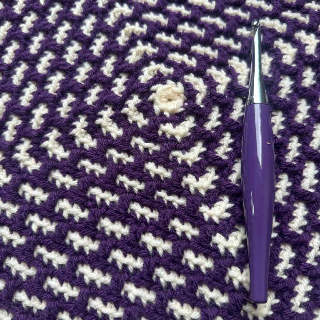 Hand-crocheted purple and white spiral pattern with crochet hook.