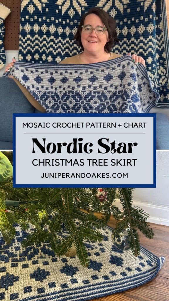 Collage showing two views of the Nordis Star Christmas tree skirt. Pin it on Pinterest.