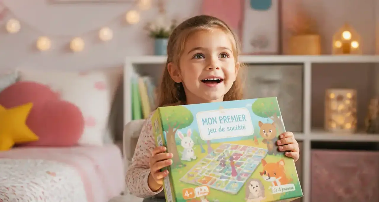 Enfant emerveille devant un jeu de societe dans sa chambre