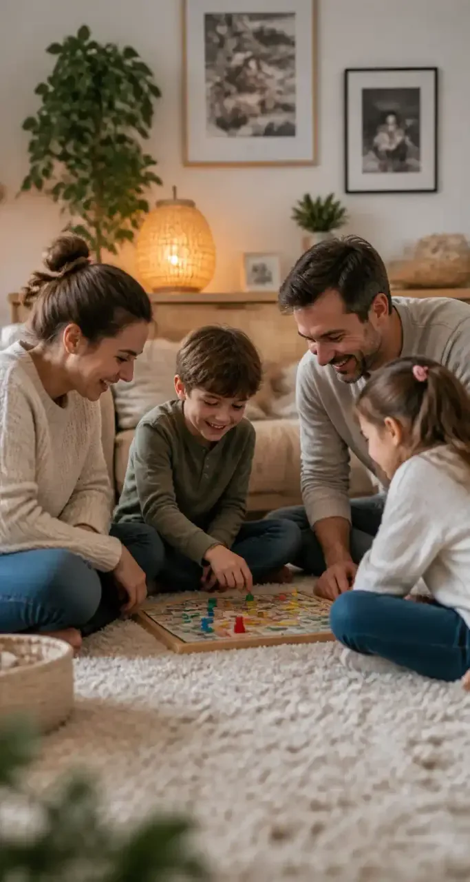Famille reunie autour d'un jeu de plateau dans un interieur chaleureux