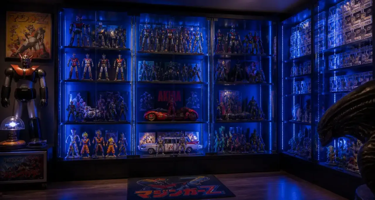 Vitrine de figurines de collection et d'objets de pop culture vintage