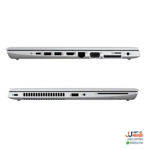 USB-C charging port, HDMI, USB-A, SD card reader, headphone jack, and cooling vents on used laptop.