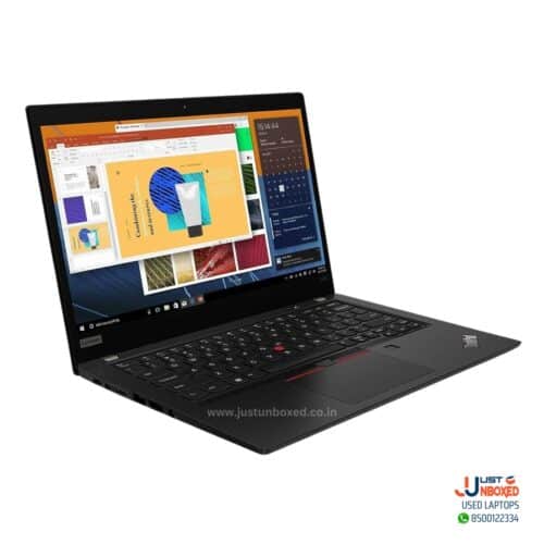 Mid-range black Lenovo laptop displaying colorful presentation slides, ideal for business and educational use.