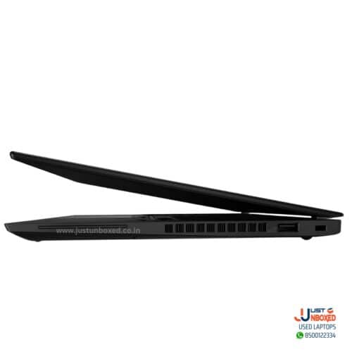1. Slim black laptop with open lid, side view, modern design, portable tech.