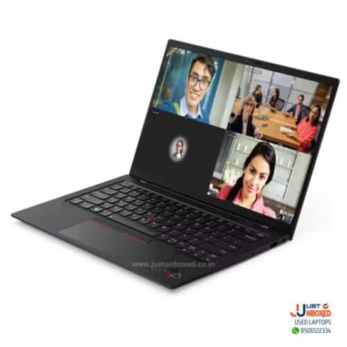 High-performance used laptop for remote work and online meetings with multiple video call screens.