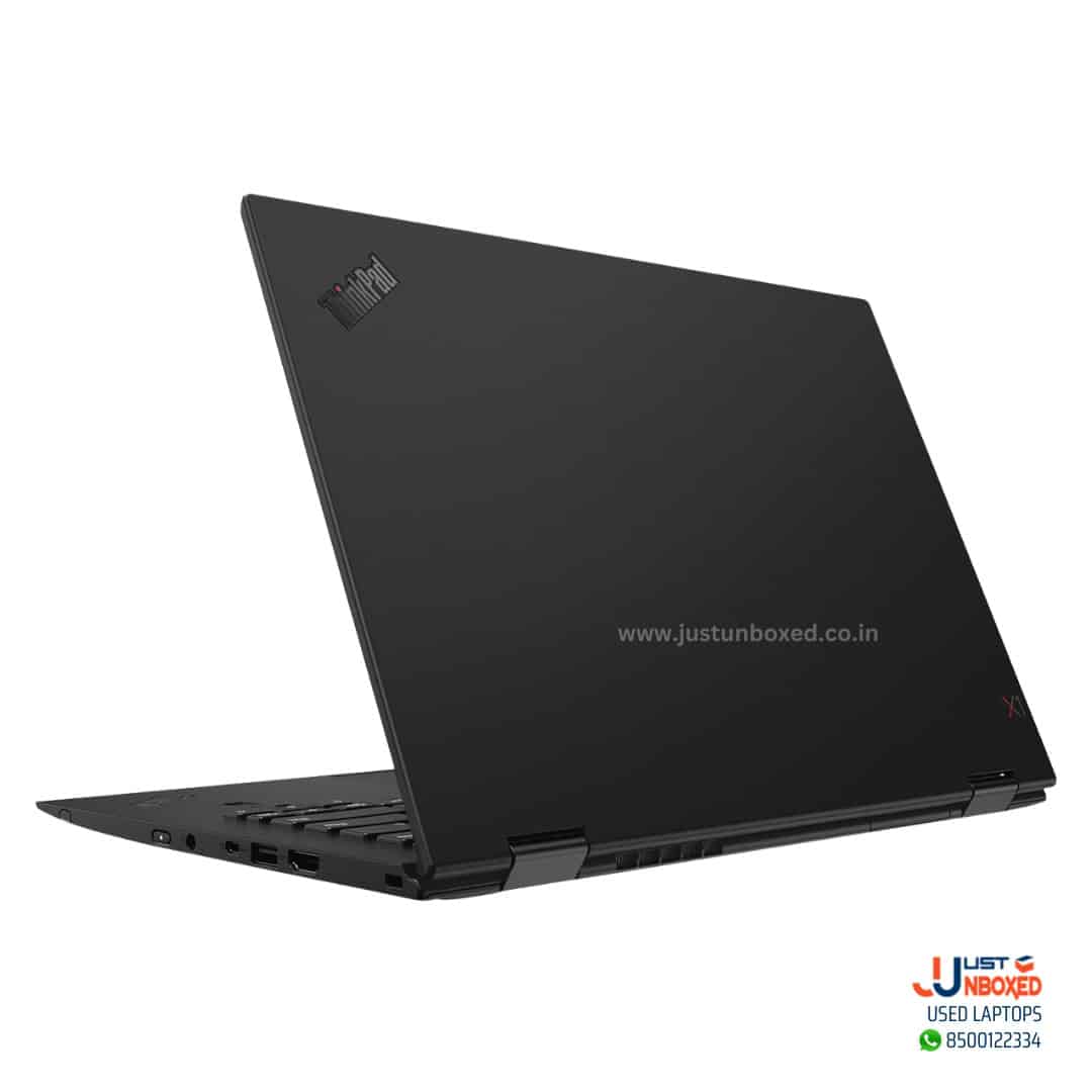Ultra-slim black Lenovo used laptop with multiple USB ports and sleek design.