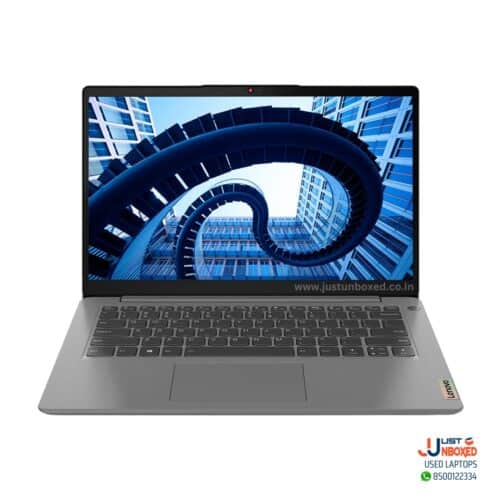 1. Slim Lenovo laptop with high-resolution display of modern city architecture.