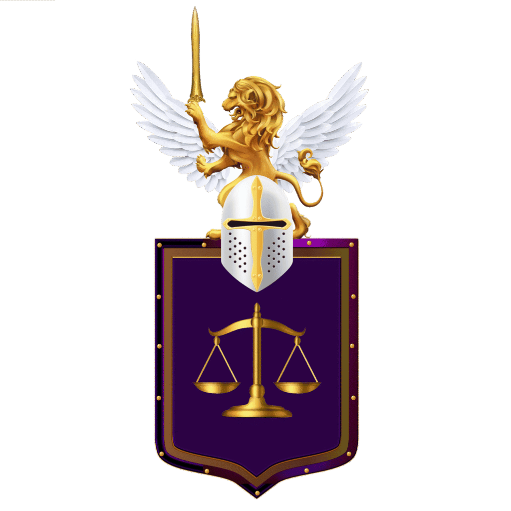 a gold lion with wings and sword and shield with scales of justice