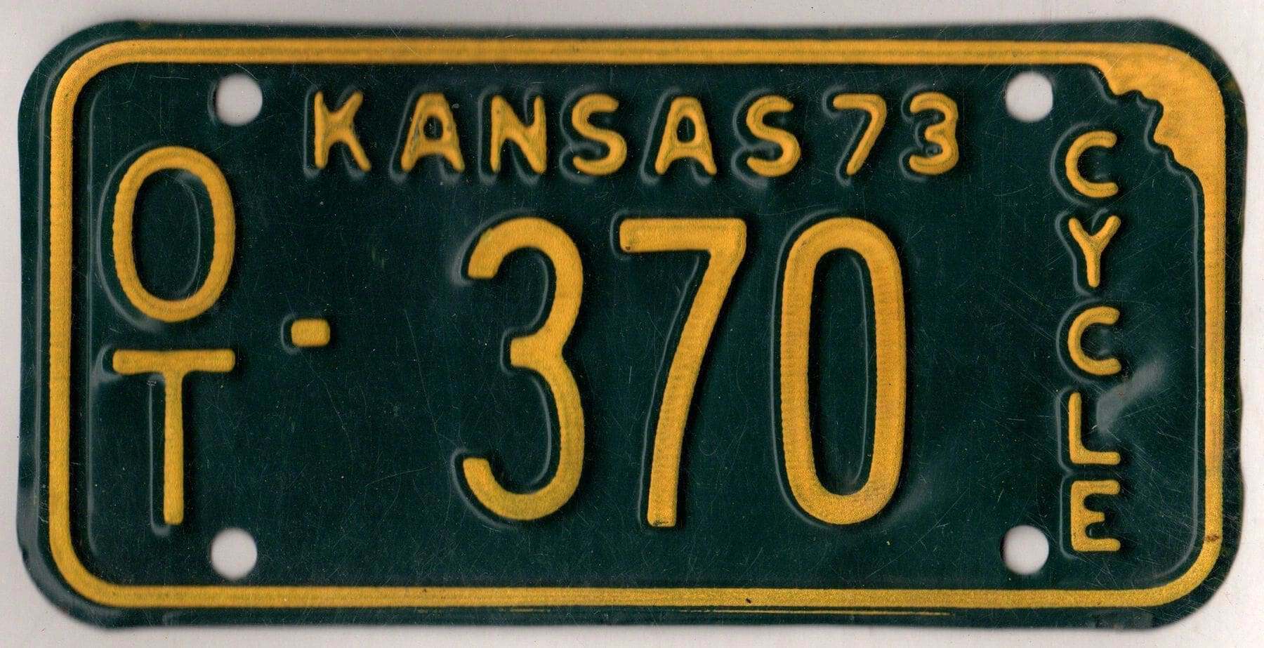 Kansas 1973 motorcycle license plate Ottawa county #OT-370
