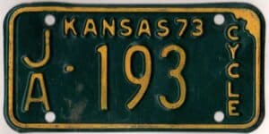 Kansas 1973 motorcycle license plate Jackson county #JA-193