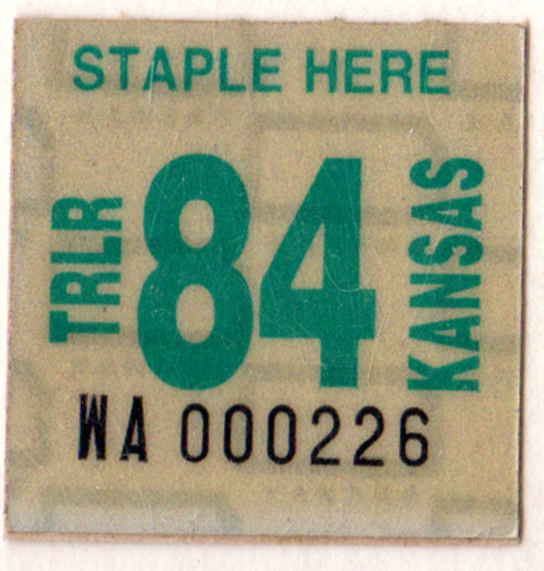 Kansas 1984 trailer license plate sticker Wallace county #WA-000226