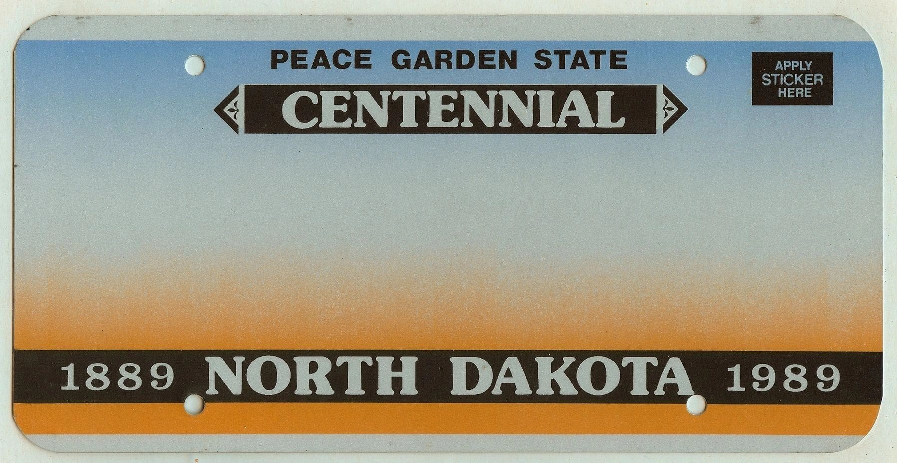 North Dakota 1989 centennial flat license plate