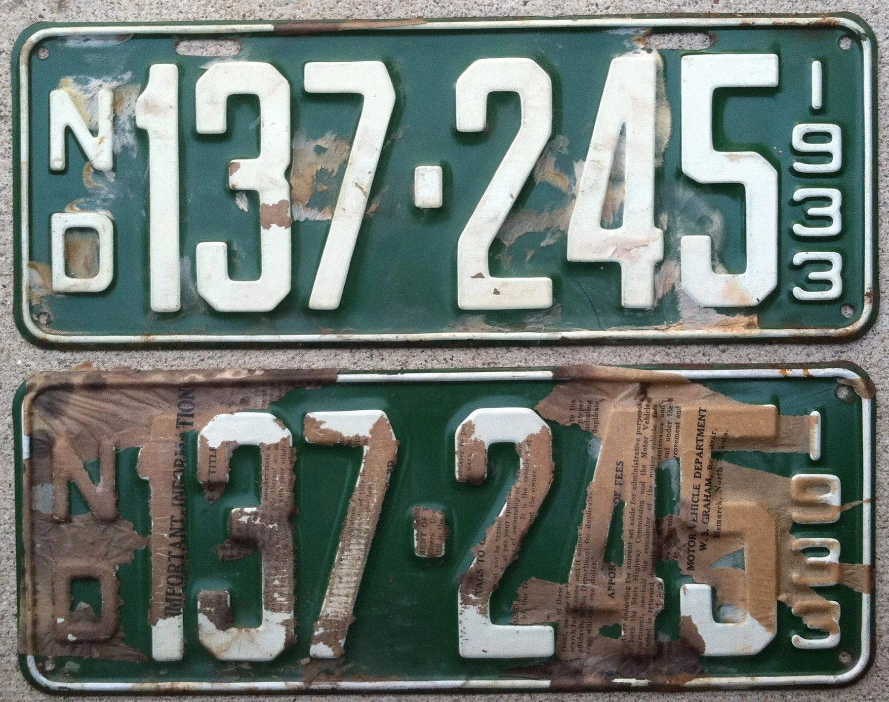 North Dakota 1933 car license plate pair #137-245