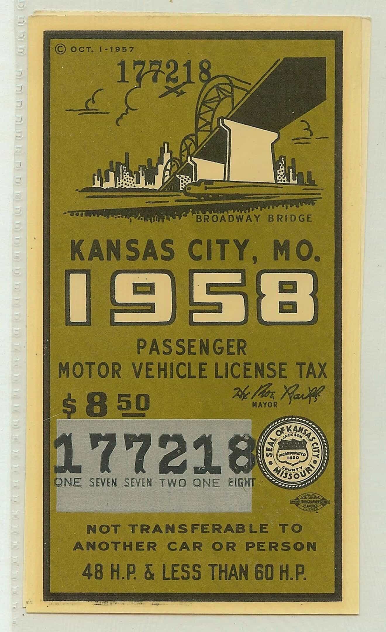 Missouri 1958 Kansas City city tax decal #177218