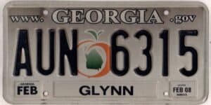 Georgia 2008 car license plate Glynn county #AUN-6315