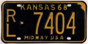 Kansas 1968 car license plate Riley county #RL-7404