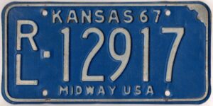Kansas 1967 car license plate Riley county #RL-12917