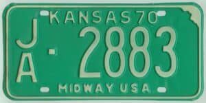 Kansas 1970 car license plate Jackson county #JA-2883