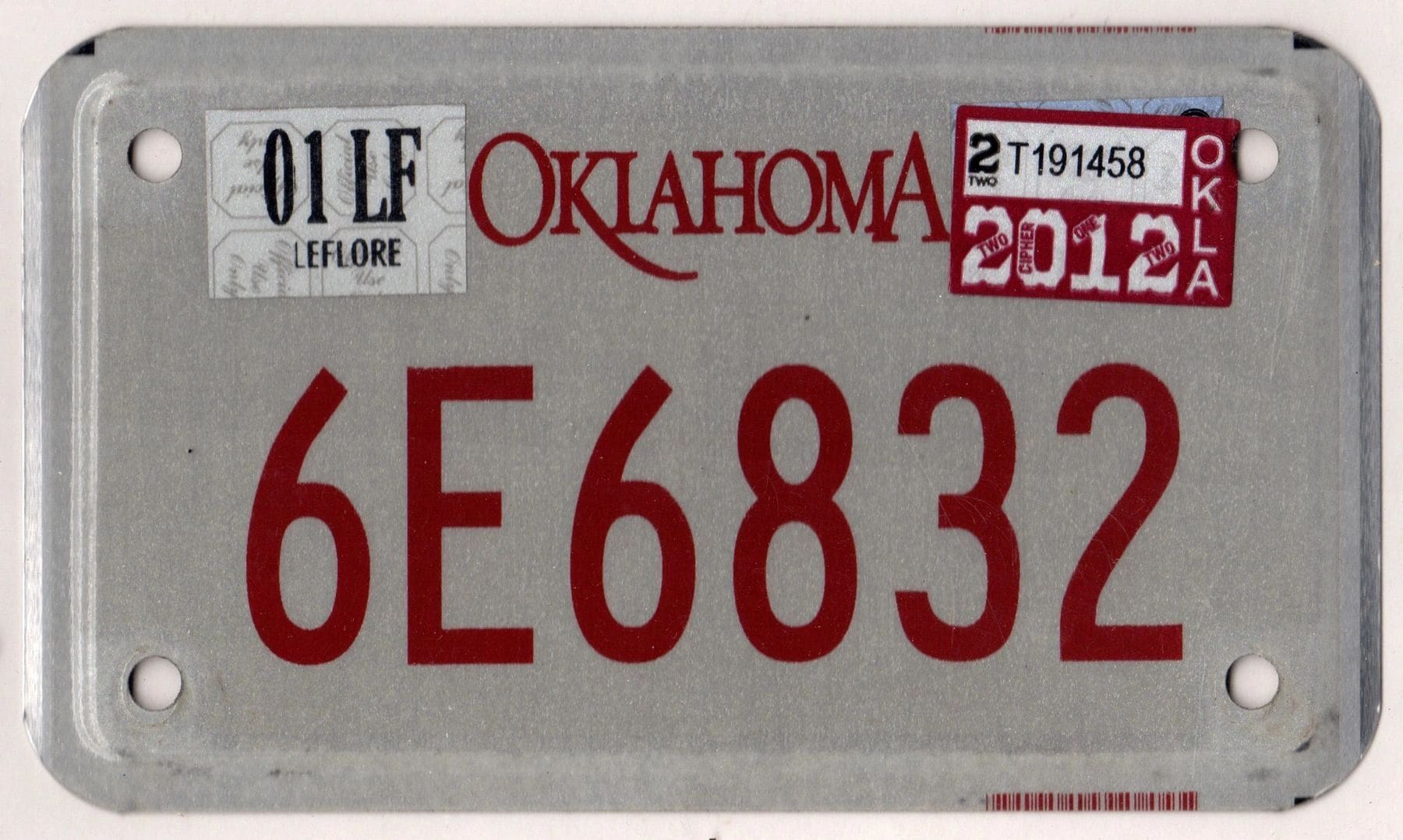 Oklahoma 2012 motorcycle license plate Leflore county #6E6832
