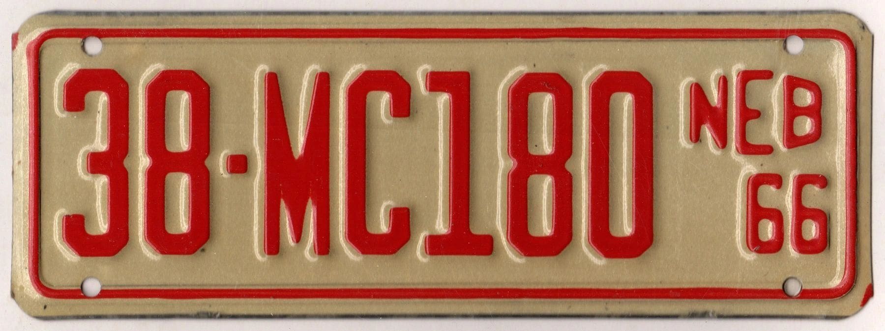 Nebraska 1966 motorcycle license plate Furnas county #38-MC180